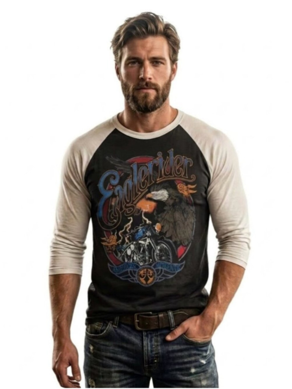 Affliction Eagle Rider Raglan Graphic Tee Shirt 2XL Black White Biker Y2K 1692